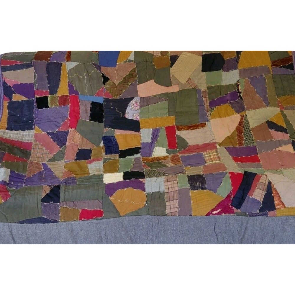 Vtg Handmade Crazy Quilt Early 20th Century Velvet Satins Heavy 78x74 Read